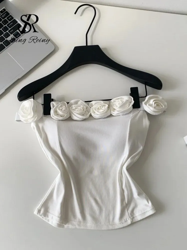 Fashion 3D Floral Solid Crop Top Women Strap Backless Elastic Waist Short Tank Top Korean Holiday Sexy Club Camisole