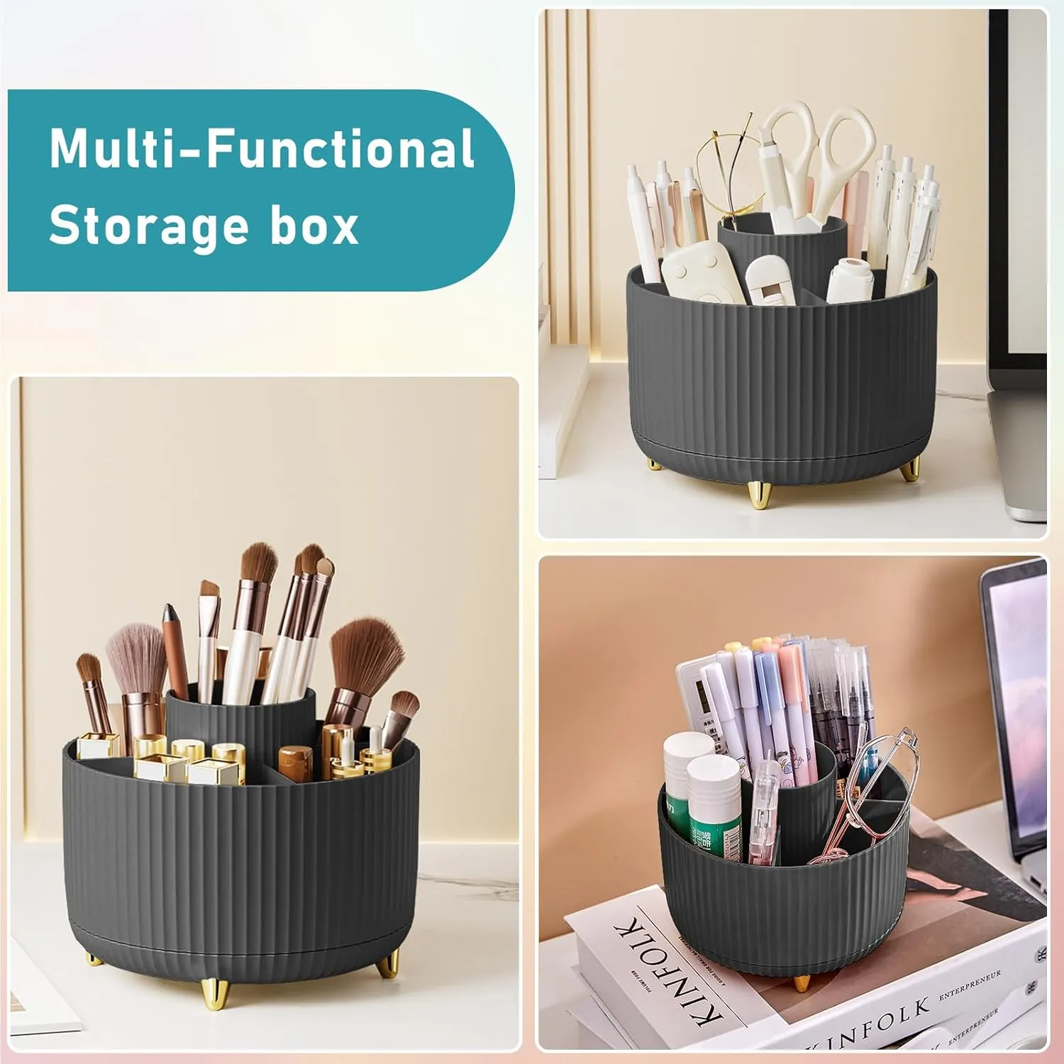 Makeup Brush Holder Organizer 5 Slot 360° Rotating Makeup Brushes Desktop Storage Organizers for Vanity Desktop Bathroom Office — image 4