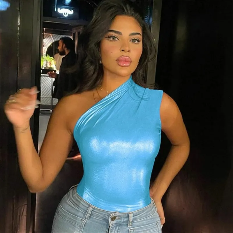 Women's Glitter One Shoulder Bodysuit Blue Silver Orange Red — image 5