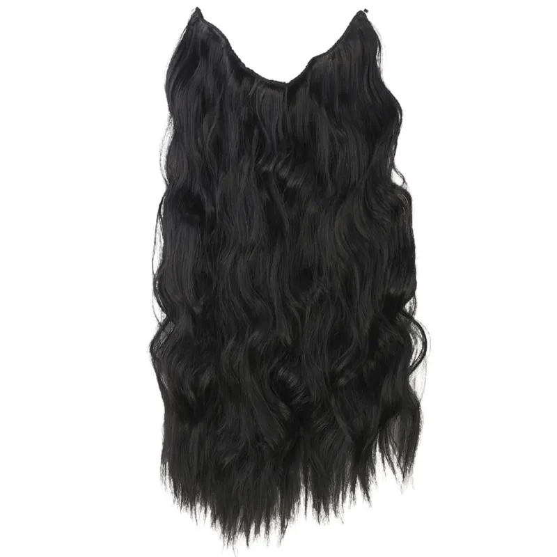Black Halo Hair Extensions with Invisible Wire Adjustable Size 22inch Long Synthetic Wavy Curly Hairpieces for Women No Clip
