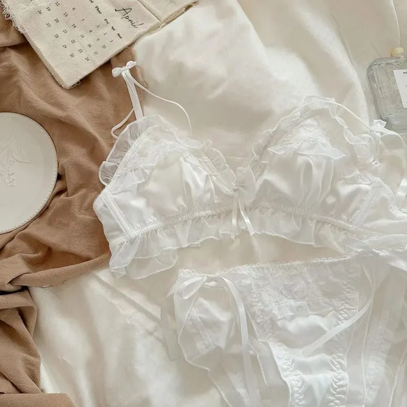 Sexy Lace Bra Thin Breathable Small Breasts Gathered Anti-Sagging Comfortable Non-steel Ring Bow Tie Girls Underwear Set