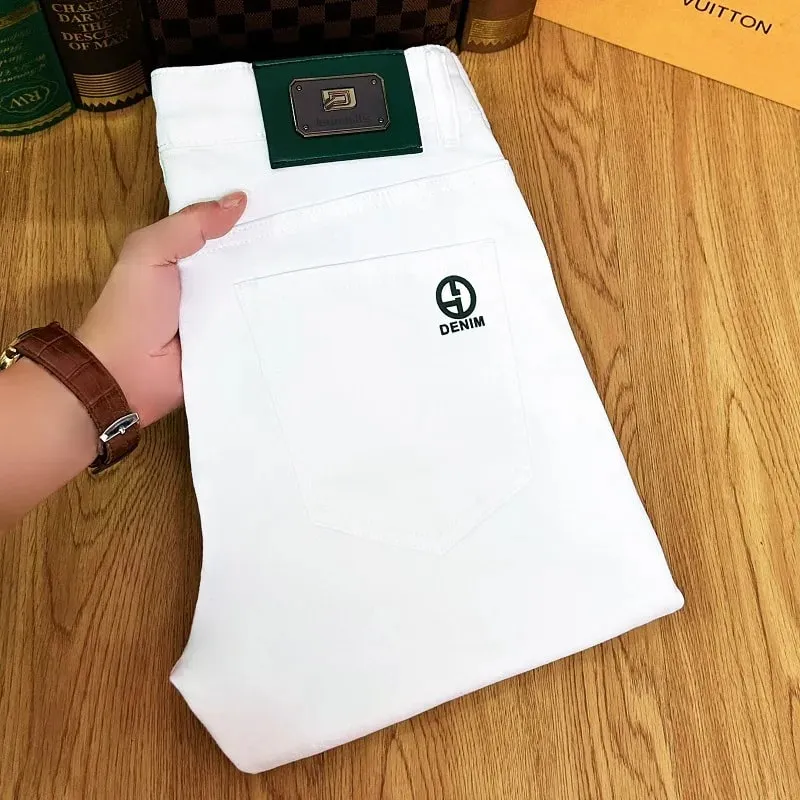 Simple All-Match Pure Color Jeans Men's 2024 High-End Business Trends Office Light Luxury Slim Fit Ankle Tight Trousers