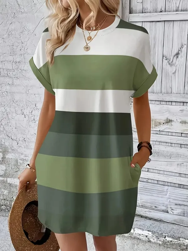 Robe Chic Grande Taille : Rayures élégantes, Manches Enroulables, Poches - Robe Femme Confortable et Décontractée