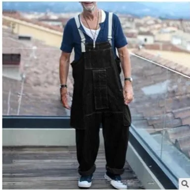 Streetwear Men Solid Color Multi Pockets Denim Overalls Loose Casual Washed Jumpsuit 2024 Male Suspenders Jeans Cargo Trousers