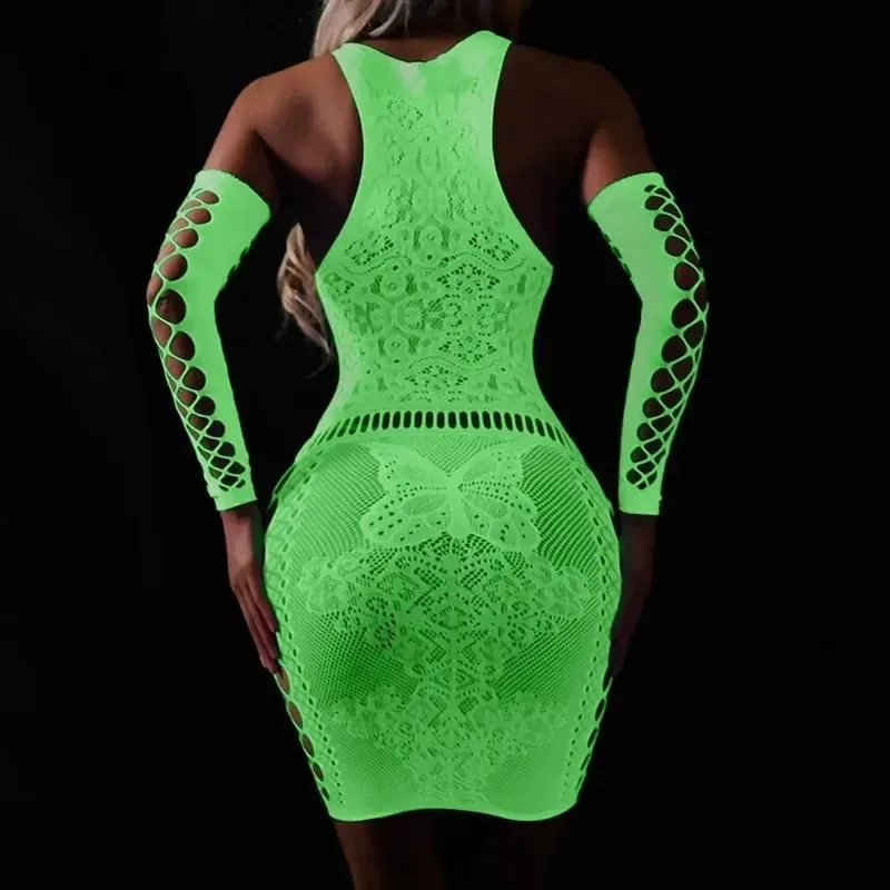 Fishing Net Transparent Women's Sexy Two Piece Set Fluorescent Open Crotch Bodystockings Dacne Party Club Luminous Sex Clothes