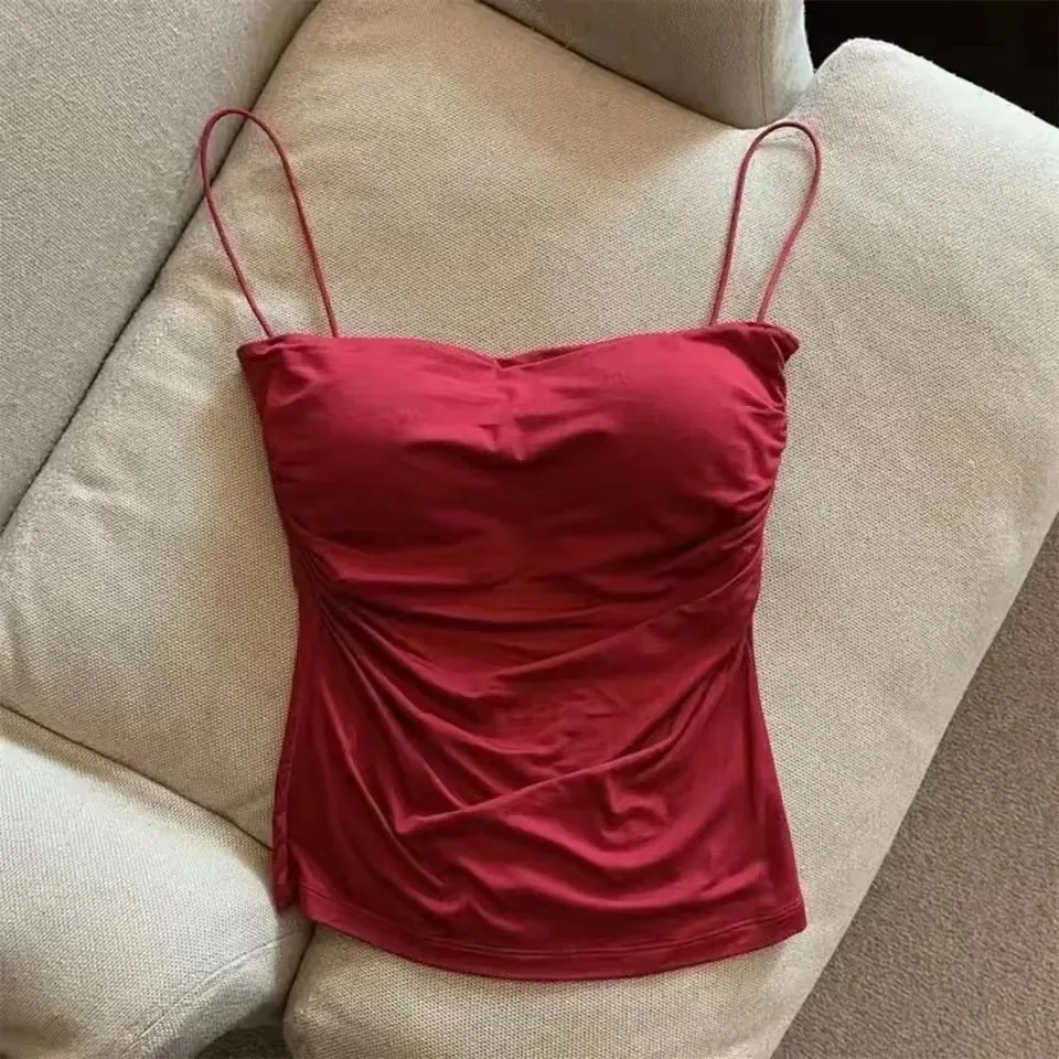 1 Pc Stylish Waist Pleated Corset - Soft support fixed chest pad sleeveless vest Sexy short top with thin straps Solid color — image 10
