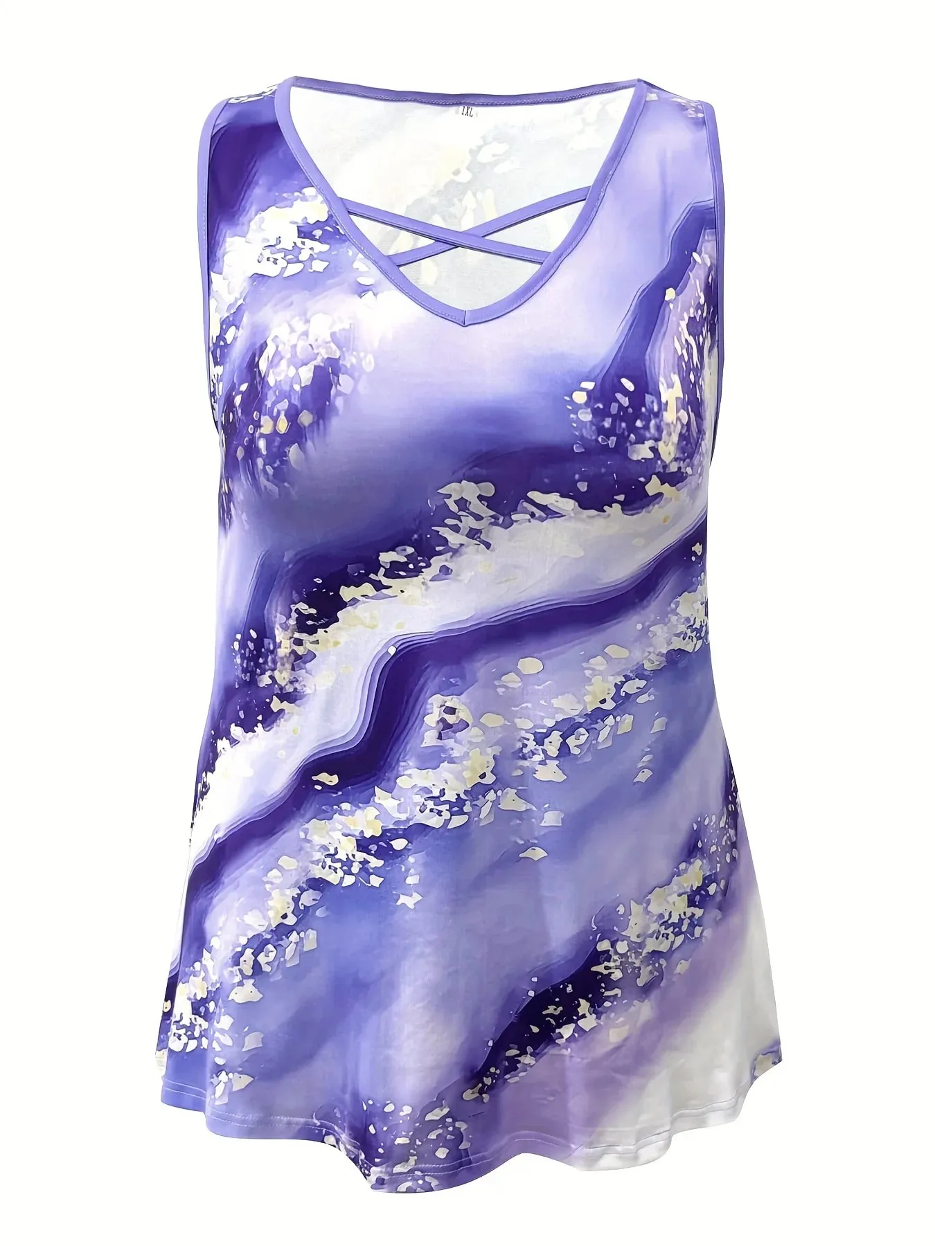 Plus Size Marble Print Tank Top Casual Criss Cross Sleeveless V Neck Top For Summer & Spring Women's Plus Size Clothing — image 5