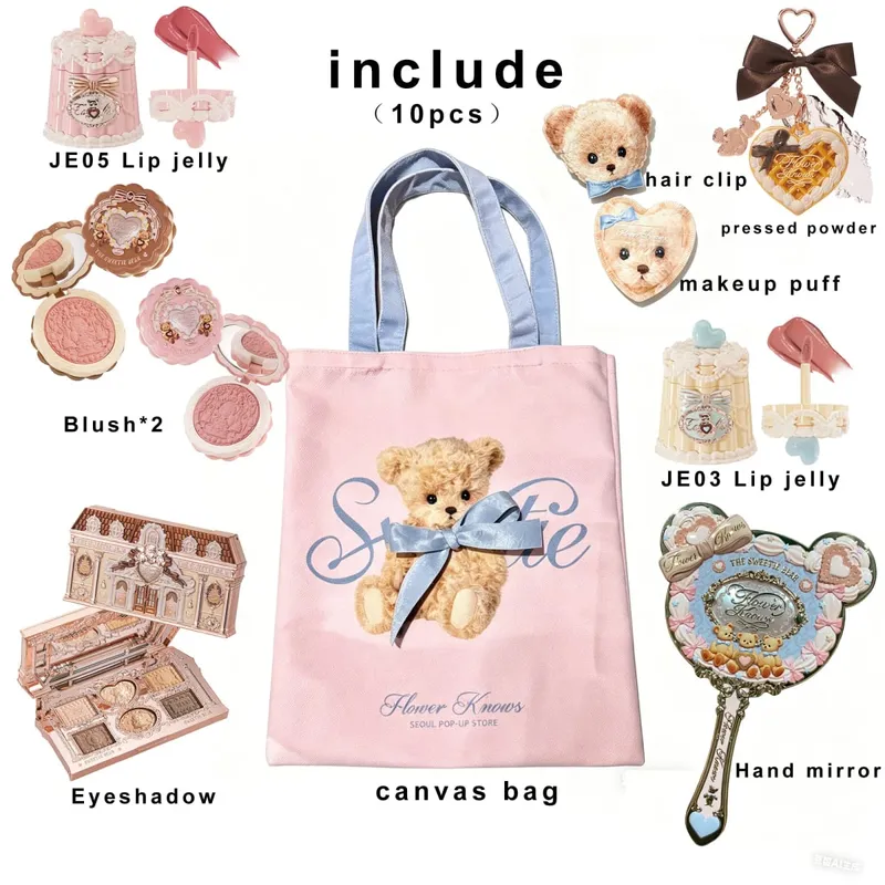 Flower Knows Pop Up Exclusive Sweetie Bear Makeup Set Canvas Bag Eyeshadow Blush Lip Jelly Kit Limited Edition Cute Makeup Gift