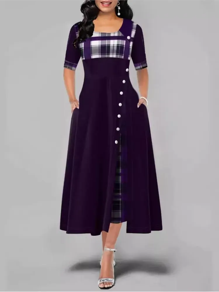 Women's Irregular Lattice Patchwork Long Dresses Vintage Buttons O Neck Half Sleeves Casual Lady Commuting Dress Fashion — image 4
