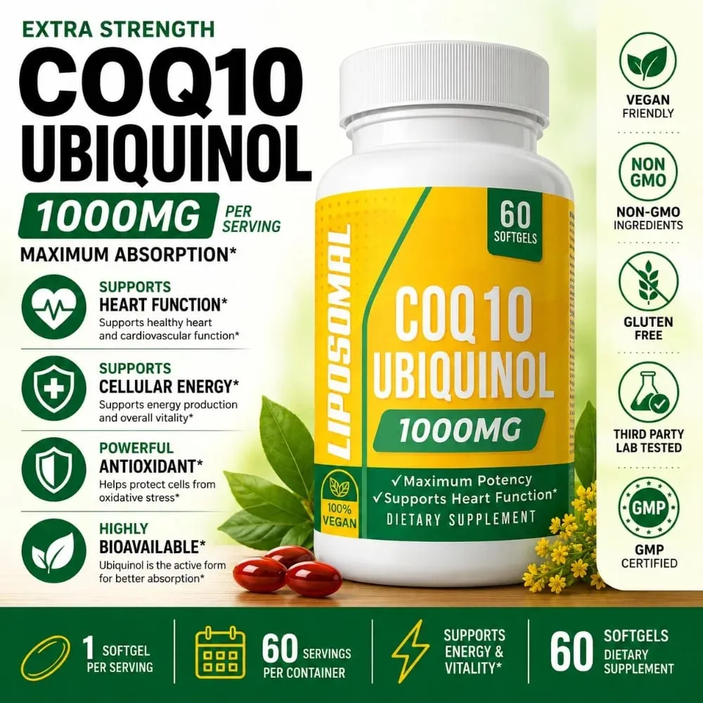 CoQ10 Ubiquinol 1000mg Vegan Softgels 60 Ct Liposomal High Absorption Coenzym Q10 for Hjerteenergi Antioxidant Daglig støtte — image 1