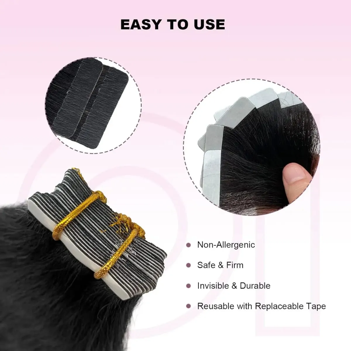 Straight Tape In Extensions 50G/20Pcs Skin Adhesive Invisible Glue #1B Tape Ins Brazilian Remy 100% Human Hair On Salon Quality — image 5