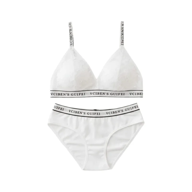 Breathable Letter Design Lingerie Set Deep V Lace Women Underwear Suit Color Blocking Wireless Bra Panties Set Famle