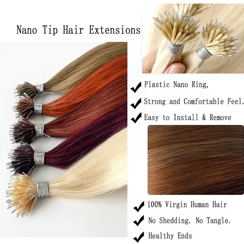 Nano Rings Hair Extension Real Human Hair Invisible Mini Silicone Beads Black Brown Blonde Microlink 100% Human Hair Extensions — image 3