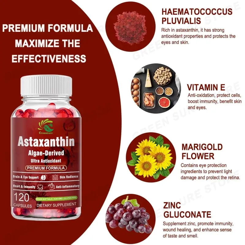 Astaxanthin 12mg Capsules - Protects Brain Cognition and Accelerates Metabolism - Protects Eye Joint and Skin Health