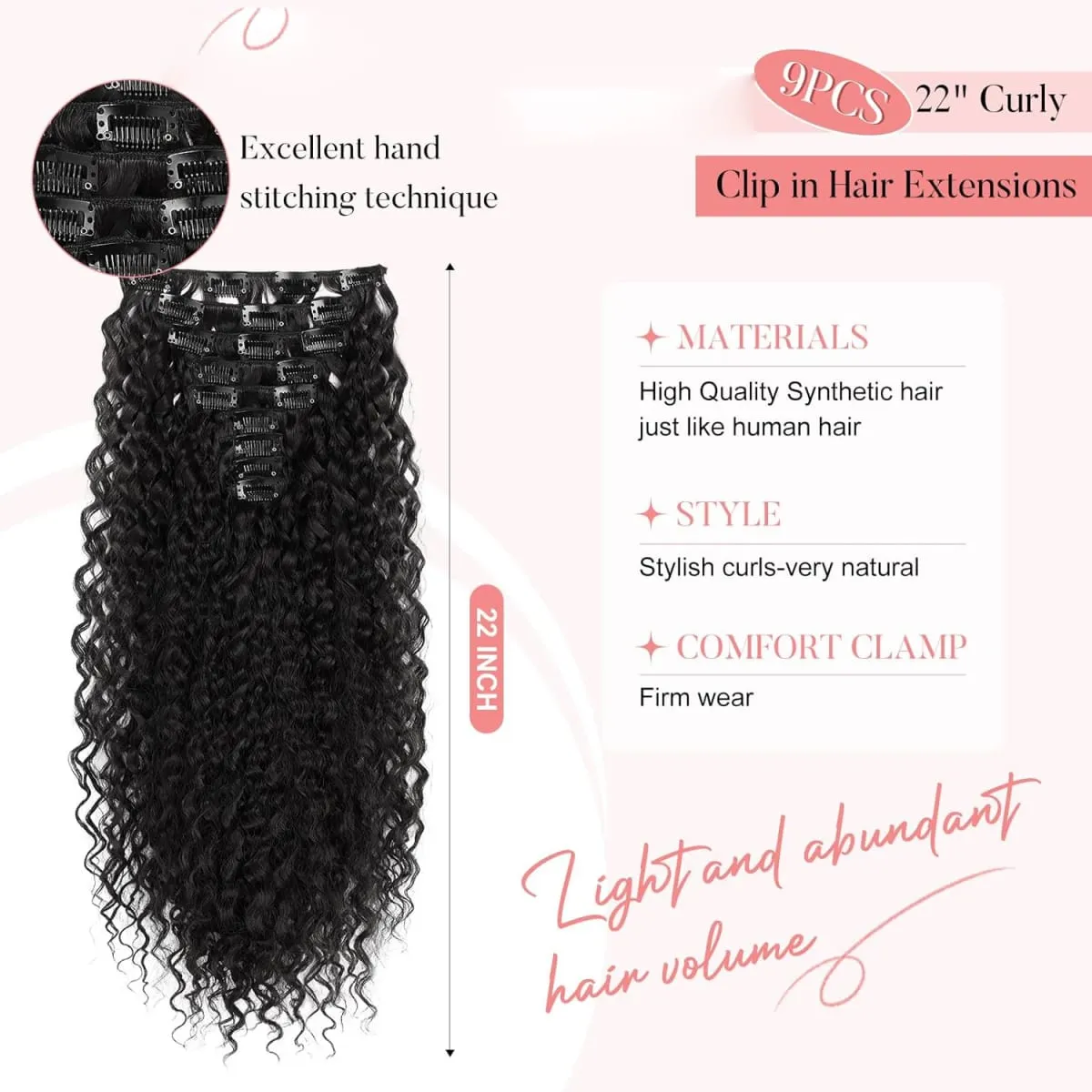9PCS Clip in Hair Extensions 22 Inch Curly Hair Extension Long Soft Synthetic Hairpieces for Women — image 6