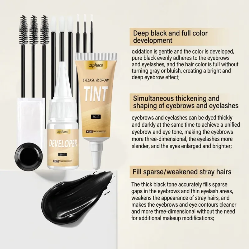Kit de tinte de pestañas y cejas 2 en 1, juego de tinte de Color para cejas semipermanente profesional DIY, uso en salón en casa, negro intenso, 1 Juego — image 5
