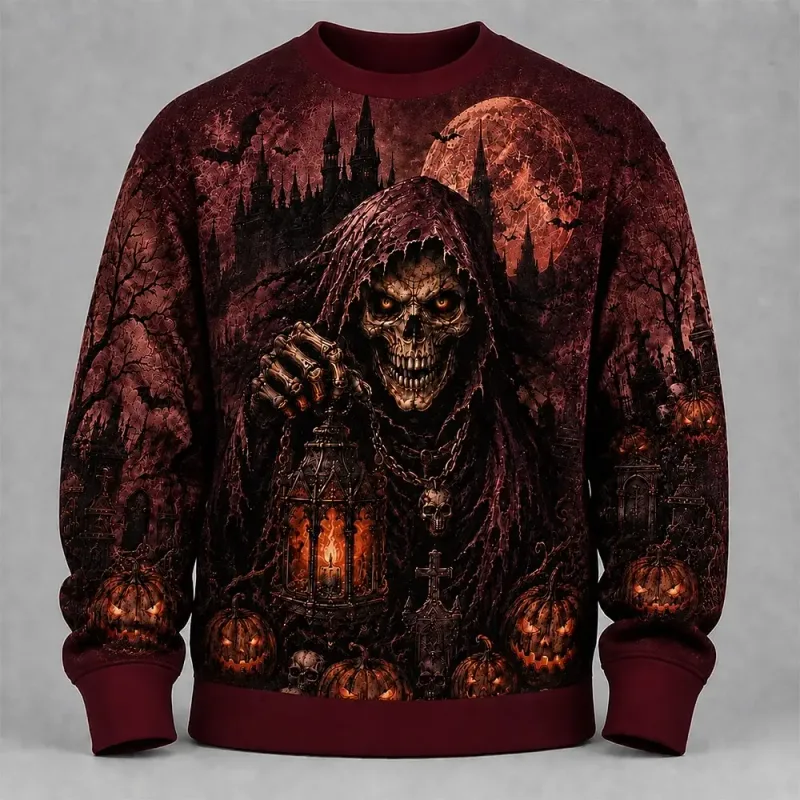Fleece Sweatshirts Halloween Men's Skulls Sweatshirt Punk Party Gothic Crew Neck Vacation Blue Dark orange Brown Green — image 16