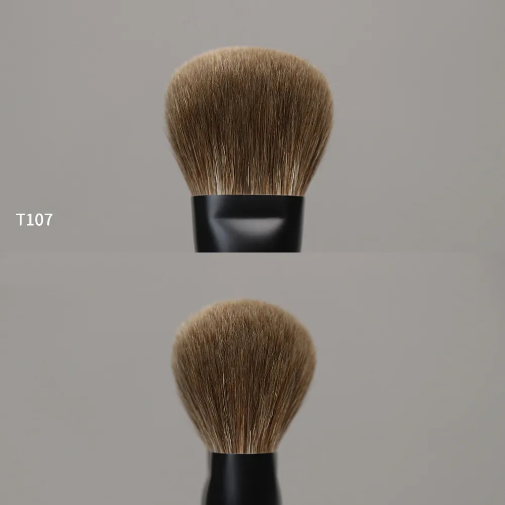 T107 Professional Handmade Makeup Brushes Natural Goat Hair Flat Round Face Powder Brush Short Ebony Wood Handle Make Up Brush
