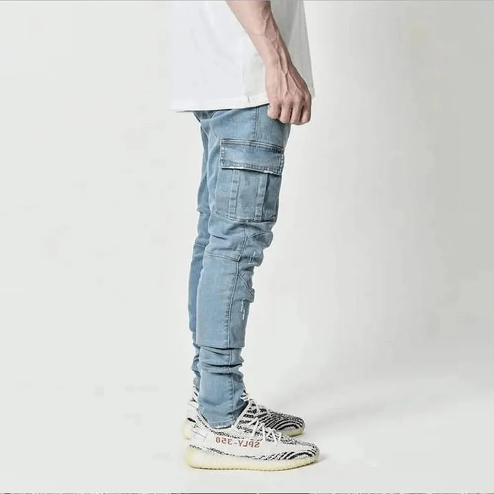 Street Elastic Jeans Men Denim Cargo Pants Wash Solid Color Multi Pockets Casual Mid Waist Trousers Slim Fit Daily Wear Joggers — image 3