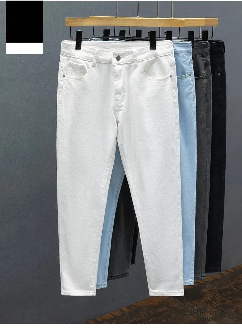 Slim Fit Men's Jeans Spring Summer Thin Cotton Soft Elastic Trendy Ankle Length Pants Straight Korean Simple Denim Trousers — image 9
