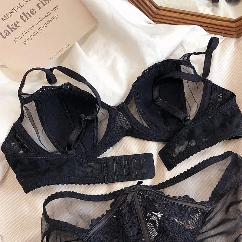 Europe Women Underwear Set Sexy Lace Ultra Thin 1/2 Cup Plus Size Brassiere Fashion Embroidery Intimates Push Up Bra Briefs Set — image 3