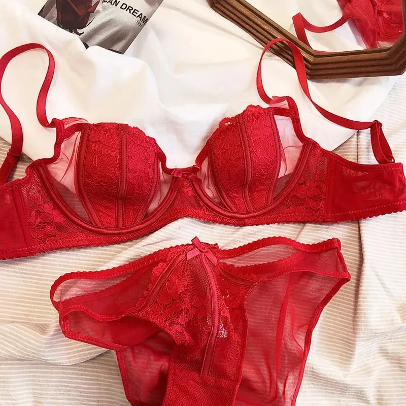 Europe Women Underwear Set Sexy Lace Ultra Thin 1/2 Cup Plus Size Brassiere Fashion Embroidery Intimates Push Up Bra Briefs Set — image 9