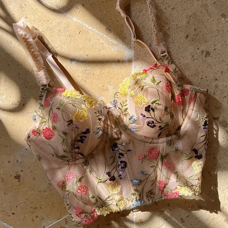 New Lace Camisole Ultra Thin Underwear Sexy Lace Embroidery Push Up Bra Set Women Romantic Flowers Body Shaper Tops and Panties — image 2