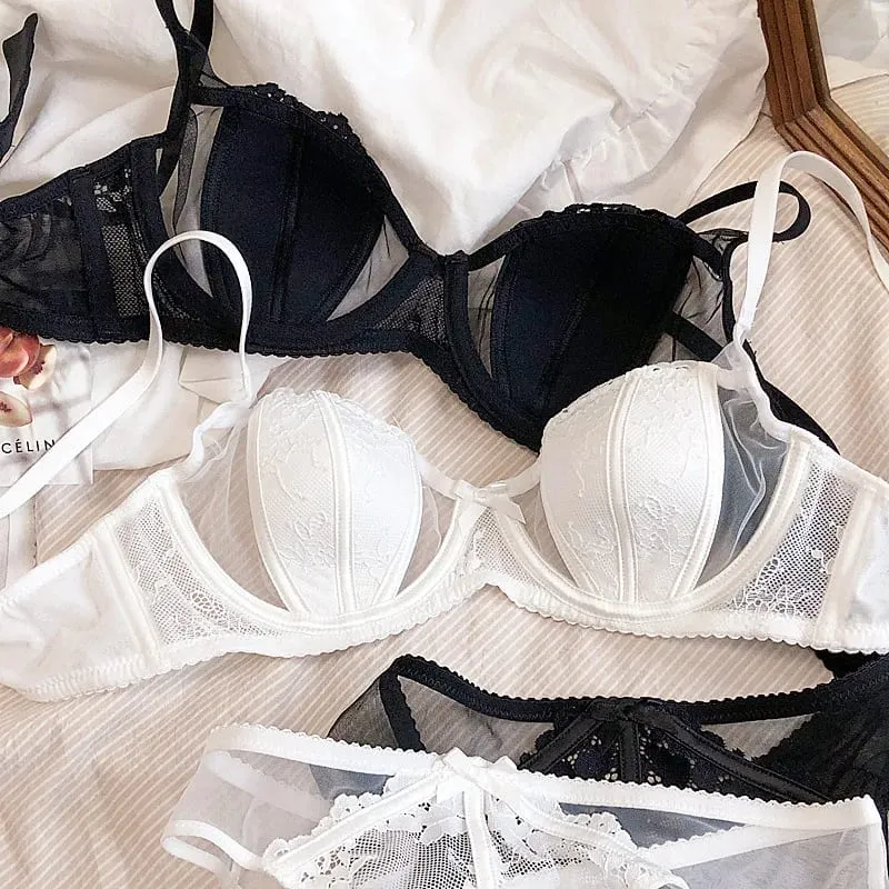 Europe Women Underwear Set Sexy Lace Ultra Thin 1/2 Cup Plus Size Brassiere Fashion Embroidery Intimates Push Up Bra Briefs Set — image 1