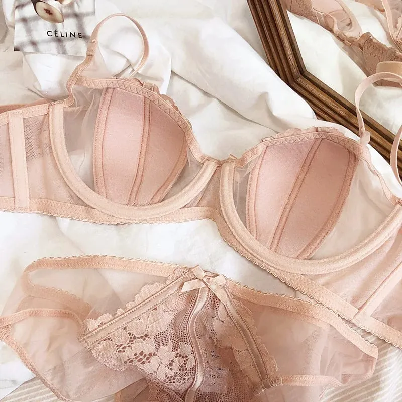 Europe Women Underwear Set Sexy Lace Ultra Thin 1/2 Cup Plus Size Brassiere Fashion Embroidery Intimates Push Up Bra Briefs Set — image 5