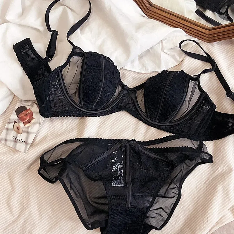 Europe Women Underwear Set Sexy Lace Ultra Thin 1/2 Cup Plus Size Brassiere Fashion Embroidery Intimates Push Up Bra Briefs Set — image 2