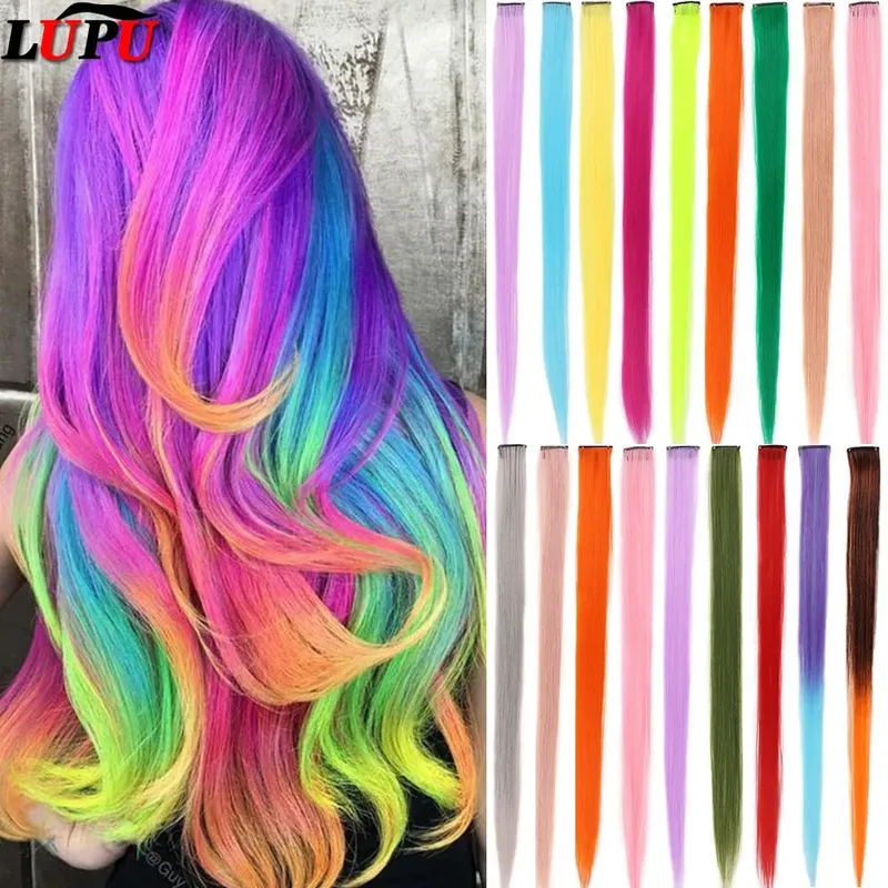 Synthetic Long Straight Women High Temperature One Clip In Hair Extension Hairpiece Purple Pink Red Blue Rose Colorful Hair — image 2