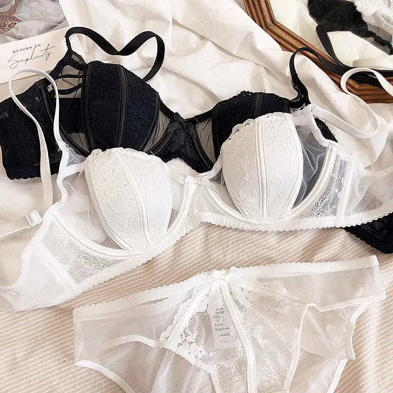 Europe Women Underwear Set Sexy Lace Ultra Thin 1/2 Cup Plus Size Brassiere Fashion Embroidery Intimates Push Up Bra Briefs Set — image 10