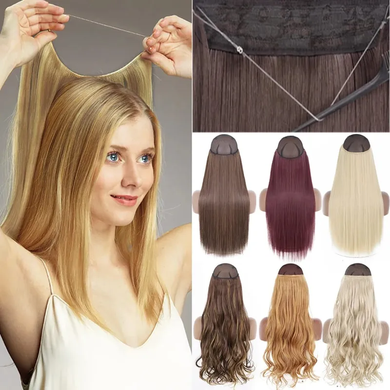 Synthetic No Clip Invisible Wire Hair Extensions Straight Black Blonde One Piece False Hairpiece Hair Extension — image 2