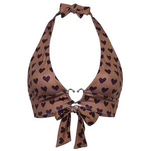Pink Heart Print Cute Bustier Crop Top Γυναικεία Αισθητική Kawaii Ρούχα Αμάνικα χωρίς πλάτη Lace Up Bralette Camisole