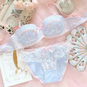 Lenjerie intimă dulce și drăguță lenjerie din dantelă cu slip pentru fetiță inimă proaspătă inel de oțel adunat sutien subțire set bralette de dimensiuni mari