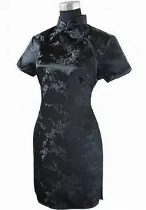 Černé tradiční čínské ženy Qipao Šaty Sexy Krátké Mini Cheongsam Ručně vyrobený knoflík Květina Velká velikost 3XL 4XL 5XL 6XL