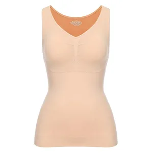 Tank Top untuk Wanita dengan Bra Rak Bra Bawaan Kamisol Dasar Tali Lebar Kasual Pembentuk Atasan Tanpa Lengan dengan Bra yang Dapat Dilepas