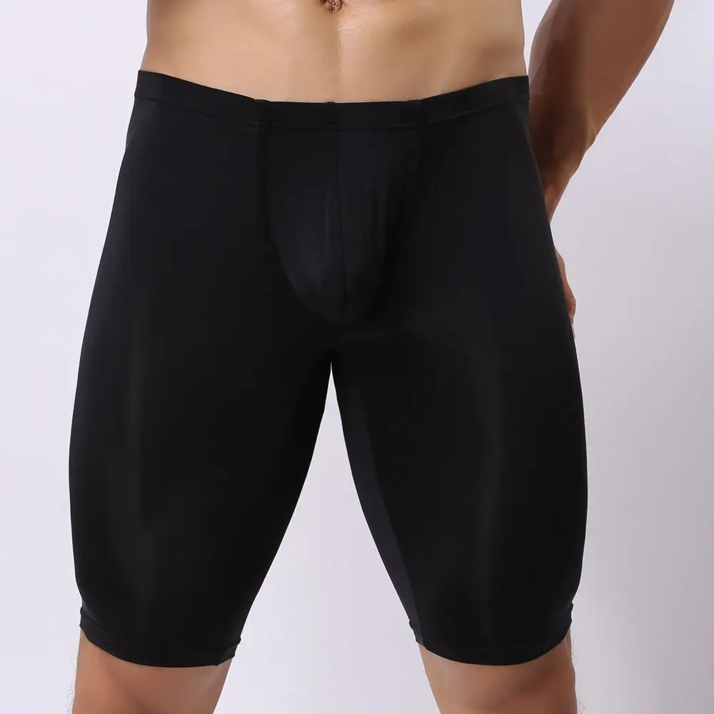 Homens ultra-fino roupa interior transparente boxer escultura meio comprimento sólido u convexo bolsa boxer masculino roupa interior longa