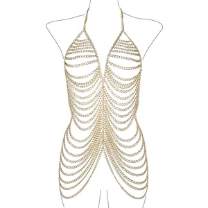 Feminino chainmail halter mini vestido sem costas metal corpo corrente praia clubwear sexy festival festa roupa multi-camadas vestidos