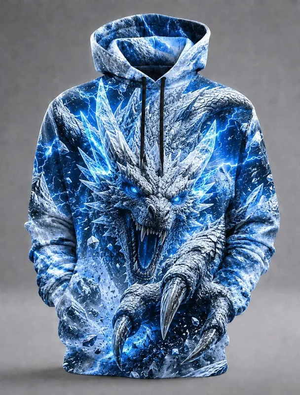 Pánská mikina Ledový drak s 3D potiskem Fantasy Dragon Grafický Lightning Ledový potisk Mikina s dlouhým rukávem Neformální streetwear
