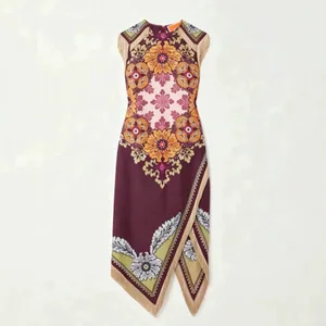 Vintage boêmio lenço impressão midi vestido feminino elegante floral sem mangas envoltório vestido de verão assimétrico lenço bainha franja