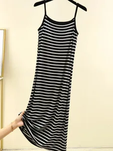 Verão sem mangas listrado vestido de verão feminino casual sem costas deslizamento vestido férias na moda longo maxi vestidos moda confortável casual