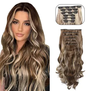 Clip-in-Haarverlängerung, lang, gewellt, Kunsthaar, 61 cm, Schwarz, 6 Stück, dicke Haarteile, Faser-Doppelschusshaar für Frauen