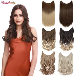 Extensiones de cabello de alambre Invisible sintético, alambre transparente ajustable, postizo secreto rizado largo ondulado de 20 pulgadas para mujer