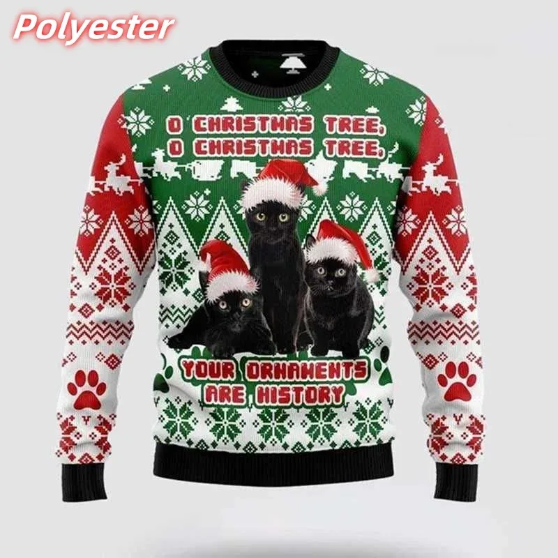 3D Baskılı Kedi Kar Tanesi Hoodie Erkekler Için Noel Hediyesi Desen Kazak Rahat Uzun Kollu Kazaklar Yuvarlak Boyun Hoodies
