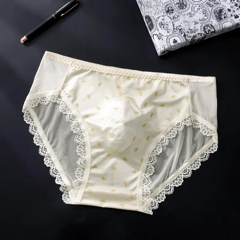 Seluar Dalam Satin Sissy Lelaki Saiz Besar Seksi Bergigi Lace Seluar Tipis Berkilat Lingerie Pertengahan Bangkit Lace Bow U Convex Pouch Seluar dalam