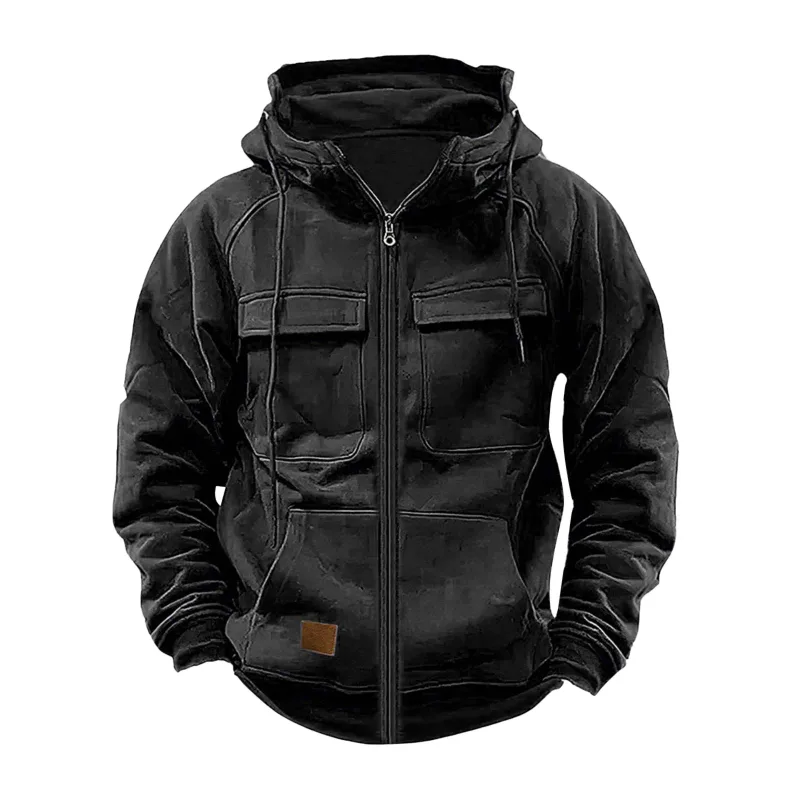 Ny efterår vinter mænds hætte solide hættetrøjer jakker multi lommer mandlige lynlås sweatshirts Sport udendørs afslappet hættetrøje frakke