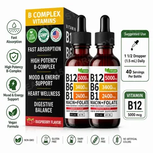 Vitamin B12 B6 tekuté kapky 60 ml B komplex s B1 Niacin Folate Malina Veganský denní wellness doplněk 40 porcí Dospělí