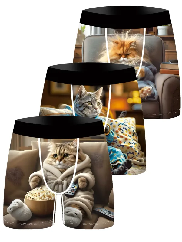 3 pezzi da uomo boxer carino gatto pigro 3D stampa biancheria intima morbida elasticizzata mutande maschili divertente novità regalo boxer