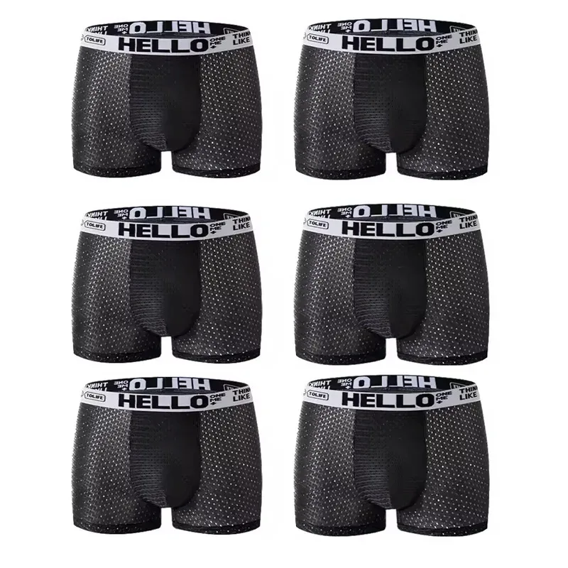 6 peças de malha de seda gelo boxe shorts para roupa interior masculina respirável sexy magro ajuste e sem costura calças de canto plana tamanho grande